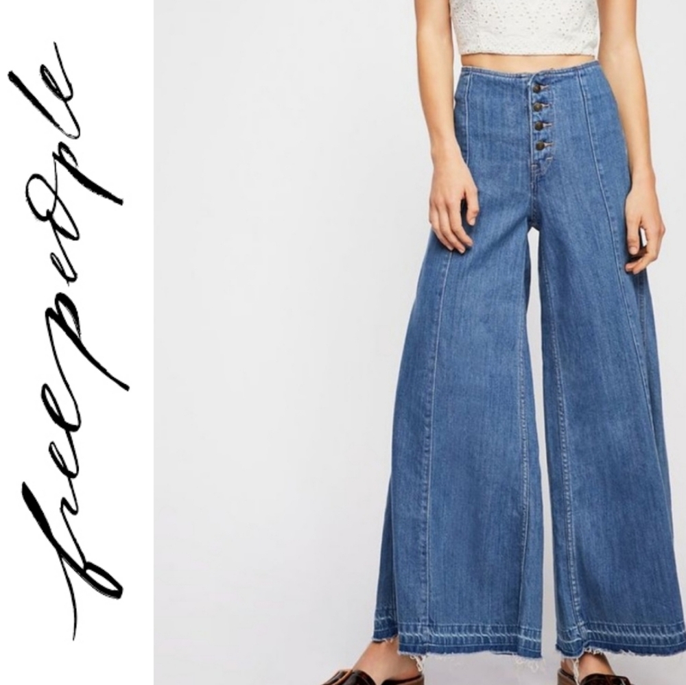 Free People Clear Blue Extreme Wide Leg Button Fly Jeans Women's Size 26